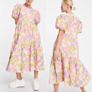 Jacqueline de Yong Floral Tiered Midi Dress Puff Sleeve in Multicolor 40/US 10